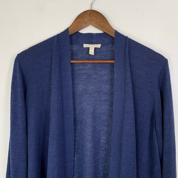 Eileen Fisher Open Cardigan 100% Organic Linen sz Medium Dark Indigo Bell Sleeve - Picture 4 of 12
